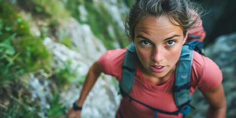 Determined young woman climbing in nature with a backpack
