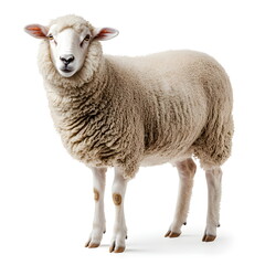 Obraz premium A lifelike portrait of a fluffy sheep standing in side view, full body isolated on a white background. Soft woolly coat, gentle eyes, and a calm expression captured in high detail with realistic textu