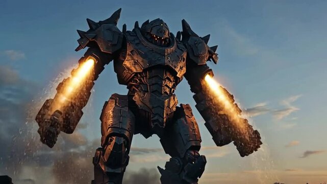 Giant Robot Firing Weapons Against Cloudy Sky Animation Sequence