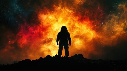Fototapeta premium Astronaut silhouette, fiery nebula, alien landscape