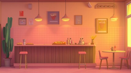 Cozy and Warm Modern Cafe Interior with Soft Lighting and Colorful Decor Featuring Drinks and Snacks in a Relaxing Atmosphere