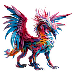 Fototapeta premium Spectacular paper dragon : A meticulously crafted, vibrant paper dragon stands in a majestic pose. Its scales and features showcase intricate detail and bold, saturated hues, bringing fantasy to life.