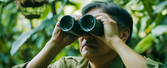 Person examining nature with binoculars in a lush environment