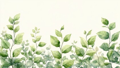 Watercolor painting of green leaves on branches, creating a leafy border. Ideal for nature-themed designs, adding a fresh, organic feel to invitations, cards, or websites.