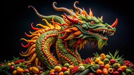 Fototapeta premium Night Photography: Colorful Dragon Pepper & Herb Culinary Sculpture