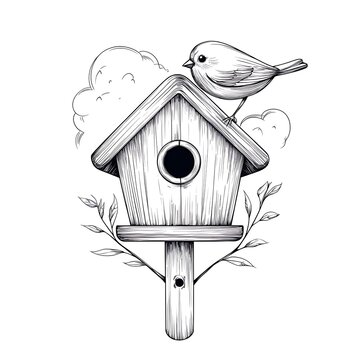 recommend clip art: Bird on Wooden Birdhouse Sketch.
