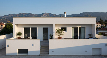 Minimalist White Duplex Exterior with Balcony Terrace Plants and Mountain View Under Clear Sky