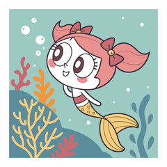 Cute Cartoon Mermaid with Pink , Black , Tail and Bow Adorable Underwater Illustration .