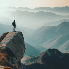 A young traveler standing on the edge of a mountain cliff, overlooking a sunrise-lit valley