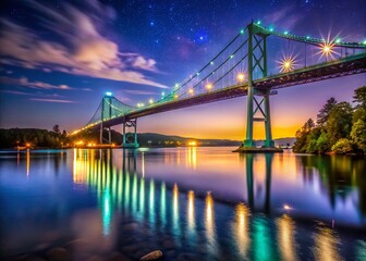 Fototapeta premium Night Photography: Thousand Islands Bridge, St. Lawrence River, Canada - Scenic Illuminated Landscape