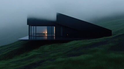 Fototapeta premium Modern house on a hill in a mist