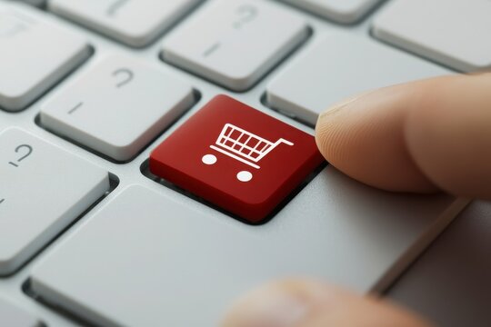 Finger pressing red shopping cart button on keyboard for online retail shopping concept view close up
