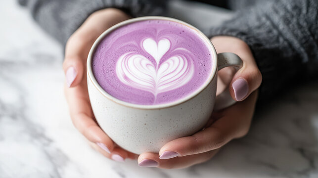 Hands holding a cup of trendy Purple Sweet Potato Latte. Trendy Purple Sweet Potato Latte With Milk Foam latte art. Lilac lavender coffee in a mug. Trendy purple coffee recipe, cafe menu, coffee house