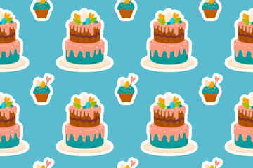 A colorful seamless pattern featuring two-tiered Easter cakes with pink and blue icing, cupcakes, and festive decorations. Ideal for gift wrapping, fabric prints, and seasonal stationery.