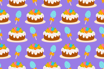 A seamless pattern featuring Easter cakes decorated with icing, candy eggs, and festive lollipops on a vibrant purple background. Perfect for seasonal packaging, textiles, and festive designs.