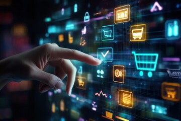 A finger touching a digital interface with glowing e commerce icons on a dark background