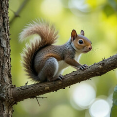 Obraz premium A curious squirrel perches on a tree branch, its fluffy tail curled, eyes alert, surrounded by lush leaves.