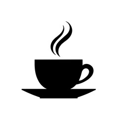 Minimalist black silhouette of a steaming coffee cup on a saucer