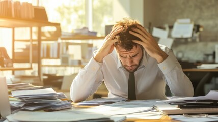 Overworked young professional with askew glasses, corporate fatigue. Human buried in documents