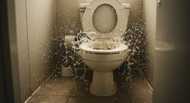 Overflowing Toilet Bowl - Water splashing from an overflowing toilet bowl in a bathroom