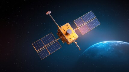 High-Resolution Image of a Satellite Orbiting Earth in Space with Solar Panels and Blue Planet Background
