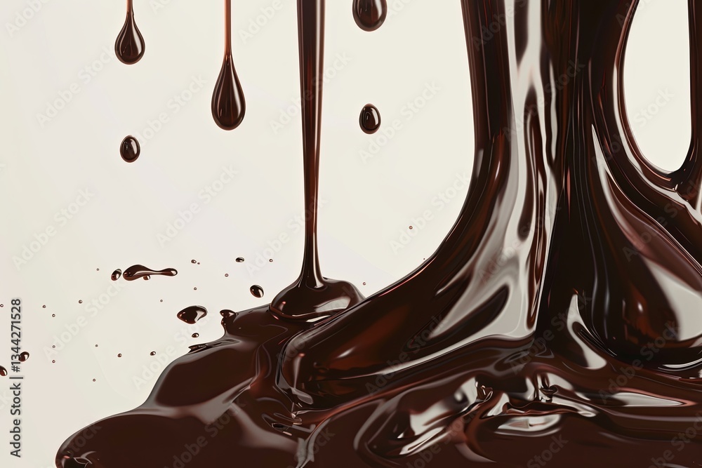 Poster dripping melted chocolate creates a glossy texture on a cream background, showcasing rich dark color