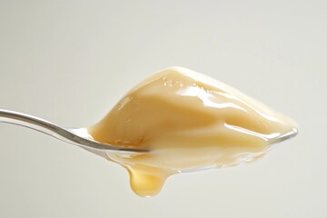 A spoonful of creamy, golden dessert; smooth, luscious texture with a glistening surface.