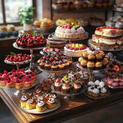 A delectable display of assorted pastries and cakes features vibrant berries, creamy frosting, and elegant presentation on tiered stands in a rustic bakery setting.