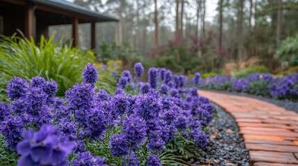Obraz premium Vibrant purple flowers lining a winding brick path in a serene garden setting