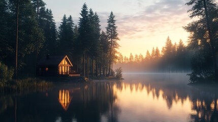 Obraz premium A serene lakeside scene at sunset with a rustic house.
