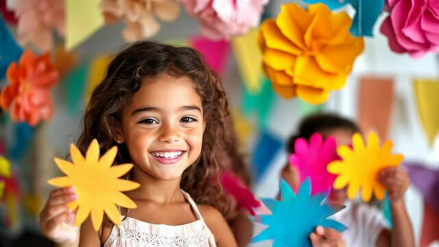 Smiling children with colorful paper flowers in creative classroom. Happy kids holding handmade crafts. Education and creativity concept. School supplies, art classes, children's activities.