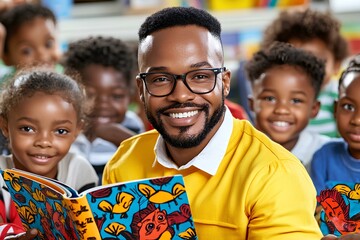 African bearded educator in a yellow jumper leads a storytelling session with enthusiastic kindergarten kids.