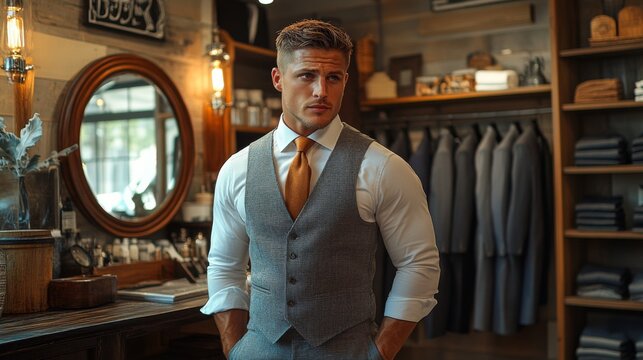 A man showcases a tailored grey vest and white shirt in an upscale men's clothing store. He exudes confidence, surrounded by neatly arranged suits and accessories.