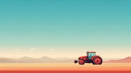 Fototapeta premium Colorful tractor on empty agricultural field with blue sky and distant mountains creating a serene rural landscape in a minimalist style