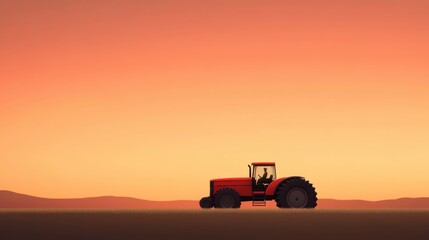 Silhouetted Tractor Against a Vibrant Sunset Sky Over Rolling Hills in a Tranquil Agricultural Landscape