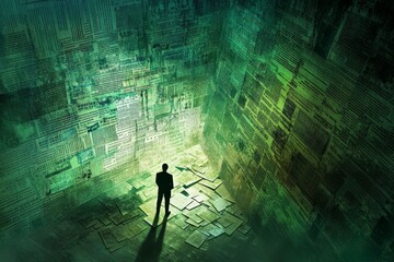 A Lone Man Confronts Towering Paperwork in a Stressful Office Environment