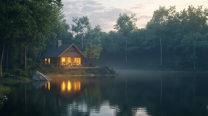 Obraz premium A serene lakeside scene at sunset with a rustic house.