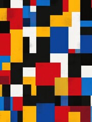 Abstract geometric pattern with colorful squares and rectangles in red, blue, yellow, black, and white for modern design backgrounds.