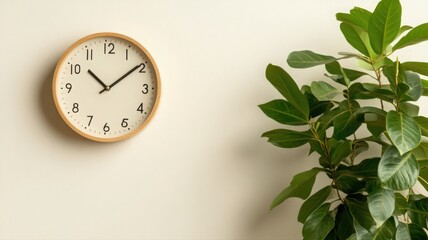 Minimalist Beige Wall Clock and Green Plant