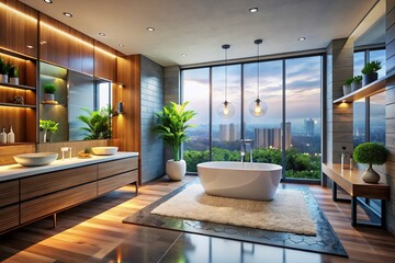 Fototapeta premium Panoramic 3D Render: Luxurious Modern Bathroom Interior Design