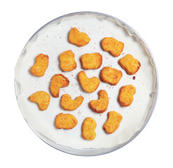 cooked chicken nuggets in tray, top view.