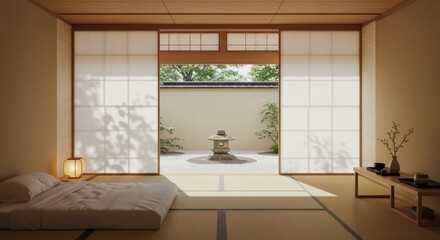 Japanese-style Room Interior with Tatami Mat Floor and Peaceful Garden