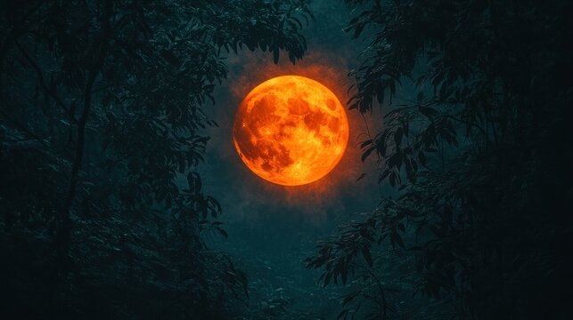Blood moon through forest canopy