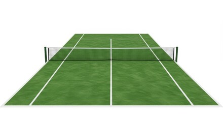 Obraz premium Tennis Court Green Field - Overhead view of an empty green tennis court with white lines and a net, ready for a match