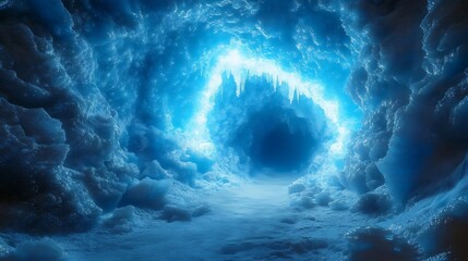 A blue cave with a light blue glow