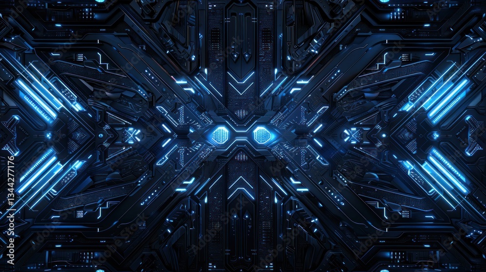 Poster mysterious circuitry features deep blue glowing pathways and ambient lighting creating an infinite s