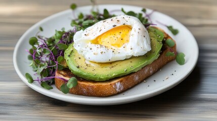 close-up image showcasing beautifully plated avocado toast with poached egg surrounded by vibrant microgreens on rustic