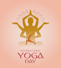 International yoga day poster design with human silhouette standing on yoga pose on mandala pattern background