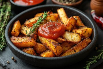 Fototapeta premium Crispy roasted potato wedges seasoned with herbs, served with ketchup. Perfect for restaurant menus, food blogs, or recipes showcasing delicious comfort food.