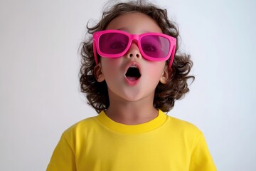 A surprised child with curly brown hair wears oversized pink sunglasses and a yellow shirt.